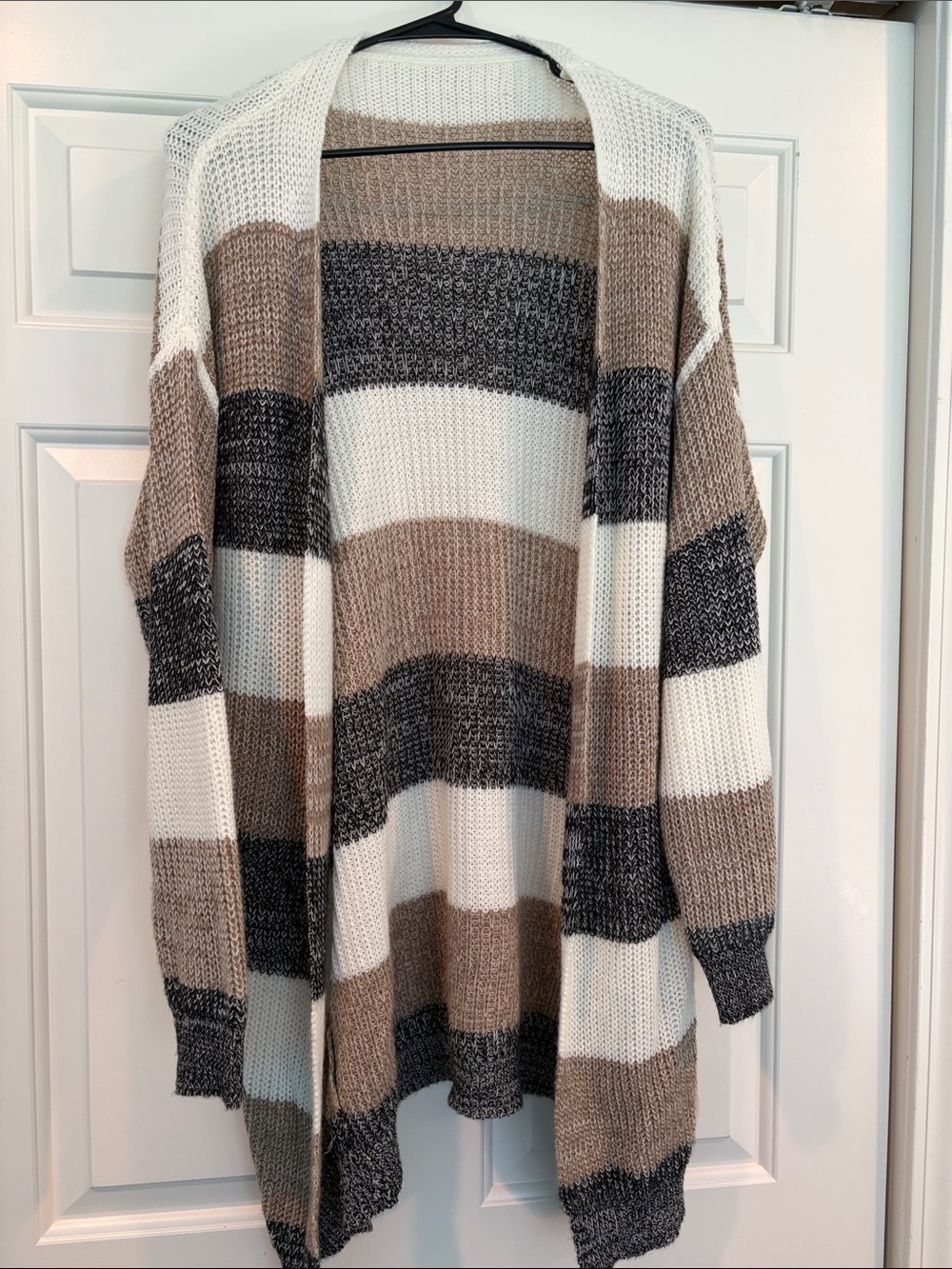SHEIN Cream, Taupe & Charcoal Striped Open-Front Cardigan